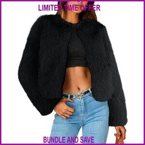 Faux Fur Cropped Jacket Open Front Warm Winter Coat Women's Small